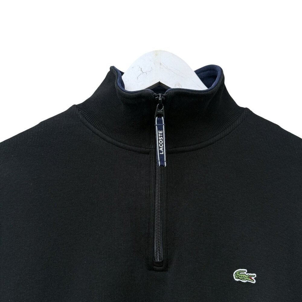 LACOSTE Men's Rib Interlock 1/4 Zip Sweatshirt XL Cotton Sweater Black Crocodile